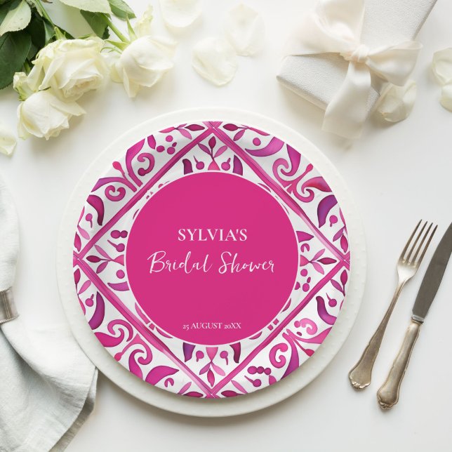 Prato De Papel Chá de panela mexicano, cor-de-rosa-escuro (Bold pink Spanish talavera vintage Mexican bridal shower monogram printed  Paper Plates table decor)