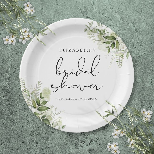 Prato De Papel Chá de panela Rústico Verde Elegante (Rustic Greenery Elegant Script Bridal Shower Paper Plates)