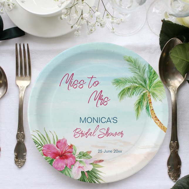 Prato De Papel Chá de panela tropical de praia de verão impresso (Summer beach tropical bridal shower printed paper plates personalized tableware pink hibiscus palms)