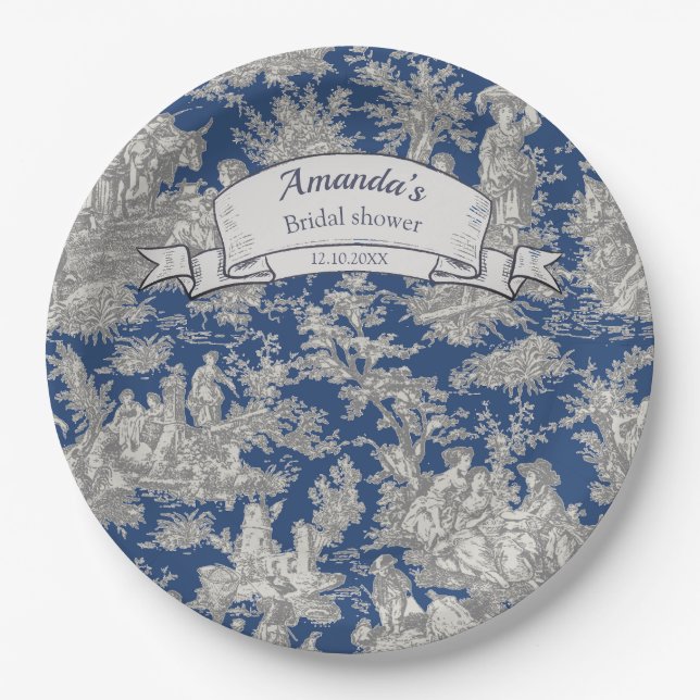 Prato De Papel Chá floral azul-escuro de jouy (Frente)