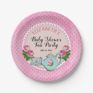 Prato De Papel Chá inglês cor-de-rosa do tea party do bebê do