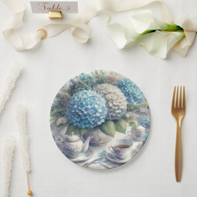 Prato De Papel Chá Party Blue Hydrangea Plate (Casamento)