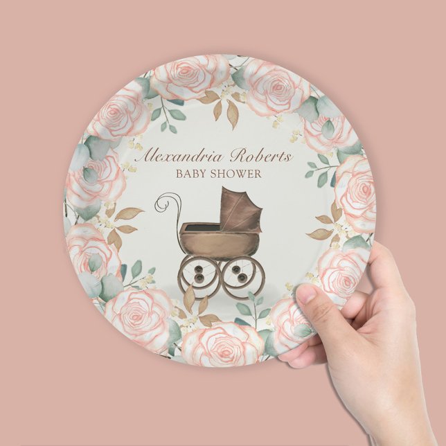 Prato De Papel Chá Personalizada de Carruagem Floral Rosa Blush (Blush pink floral girl baby shower custom paper plate )