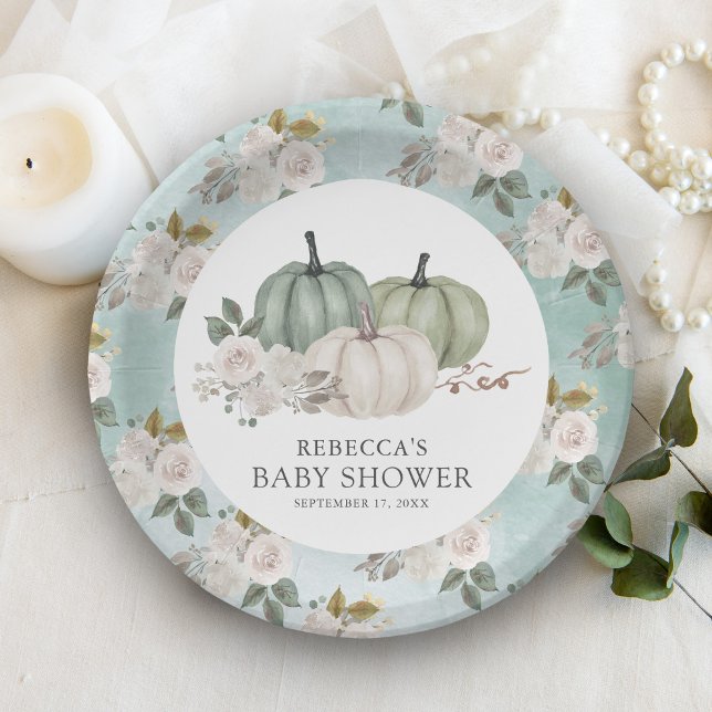 Prato De Papel Chá Verde Abóbora Floral Outono Baby Shower (Criador carregado)