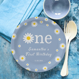 Prato De Papel Chamomile Fllower Blue Watercolor Primeiro Anivers