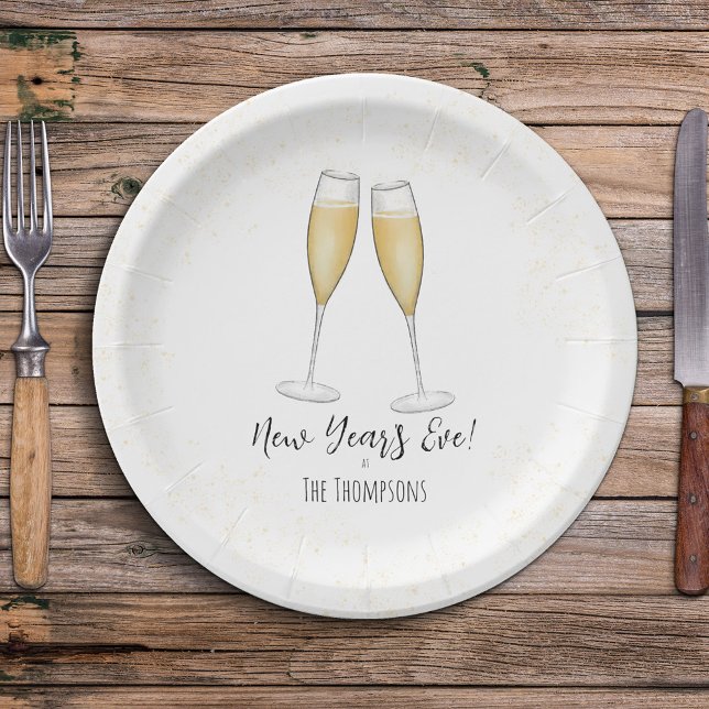 Prato De Papel Champanhe de festas simples de Anos novos Dourado (New Year's Eve holiday watercolor whimsical champagne flutes paper plate. )
