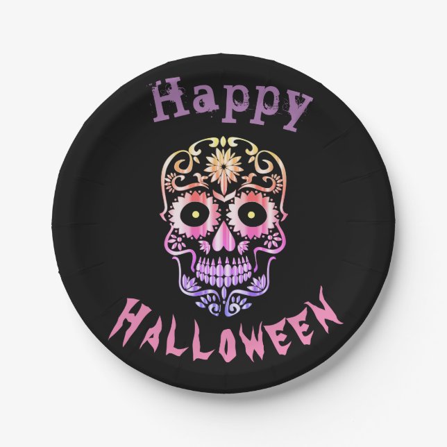 Prato De Papel Chapas de festas de Halloween de na moda-skull úni (Frente)