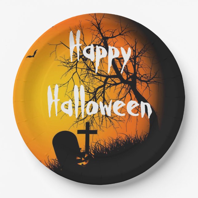Prato De Papel Chapas de papel/Cena de cemitério de Halloween (Frente)