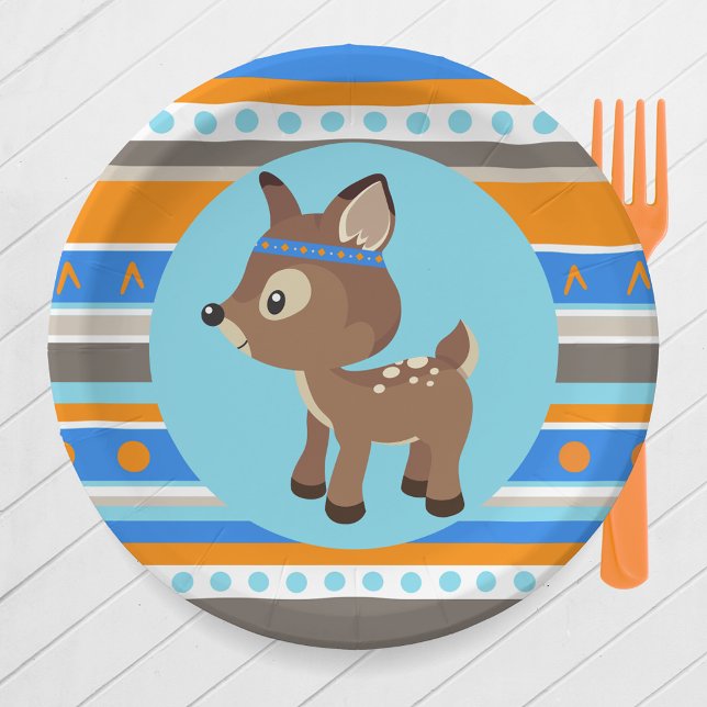 Prato De Papel Chapas de papel para veados de madeira standard az (Tribal Patterned Woodland Forest Deer Part Paper Plates in Blue, Baby Blue. Orange, Brown & Tan)