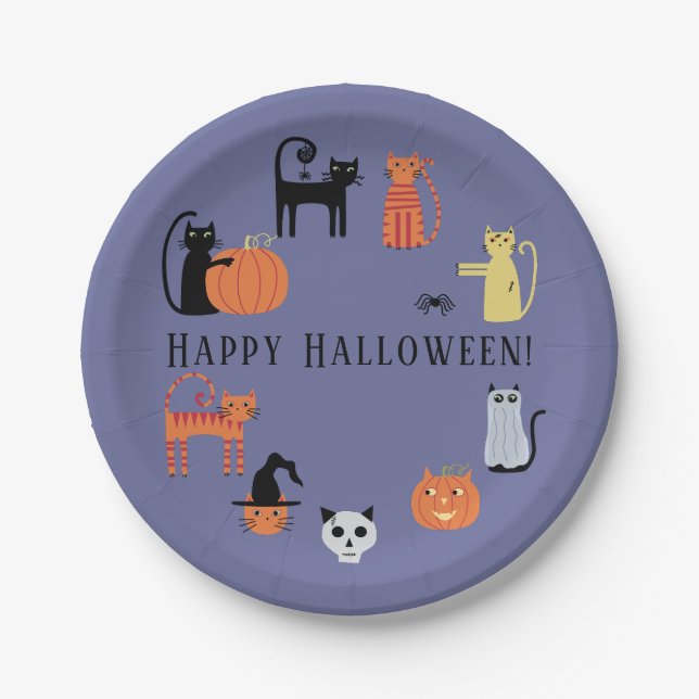 Prato De Papel Chapas de Papel Spooky de Gato Halloween (Frente)