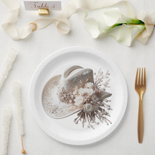 Prato De Papel Chapéu branco com flores (Casamento)
