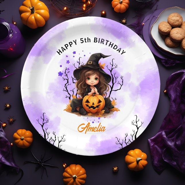 Prato De Papel Chapéus de bruxas bonitinhos de bruxas de aniversá (Halloween Birthday Cute Little Witch Paper Plates)
