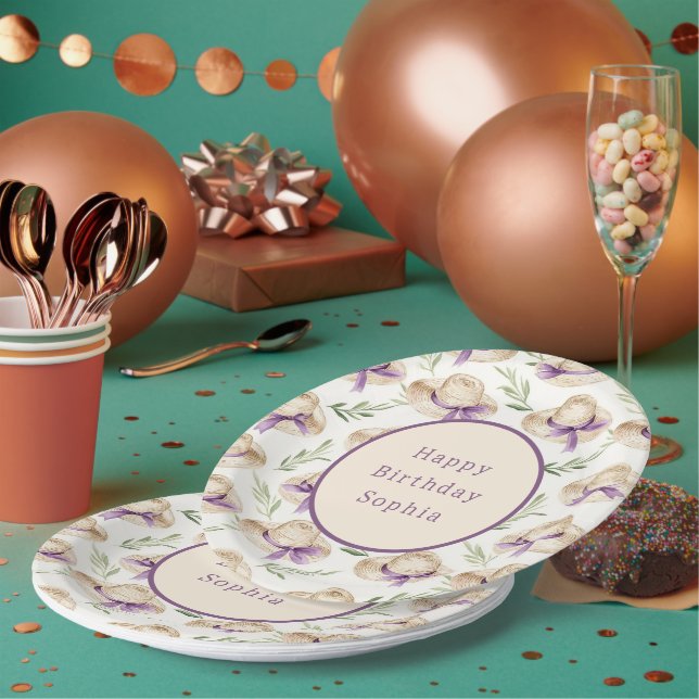 Prato De Papel Chapéus de Creme Fitas Roxas Aniversário (Múltiplo)