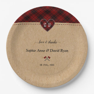 Prato De Papel Charm Rustic Red Buffalo Xadrez Monograma Casament