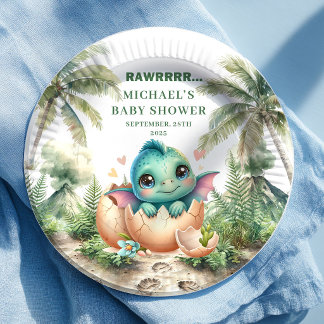 Prato De Papel Charming Blue Dino Baby Shower Hatching Soon Plate