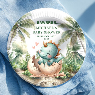 Prato De Papel Charming Dino Egg Baby Shower Hatching Soon Plates