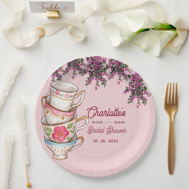 Prato De Papel Charming Pink Teacup Floral Bridal Shower Party (Casamento)