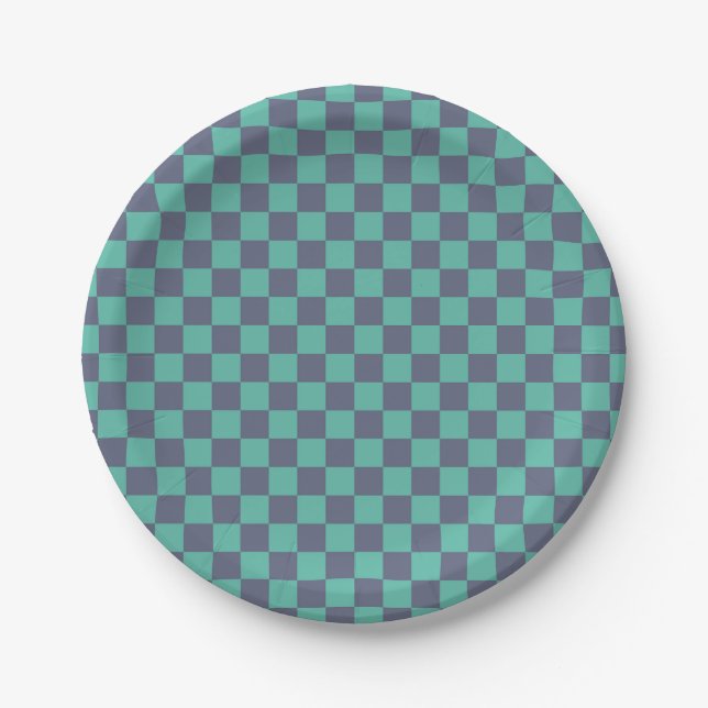 Prato De Papel Checkerboard azul e verde (Frente)