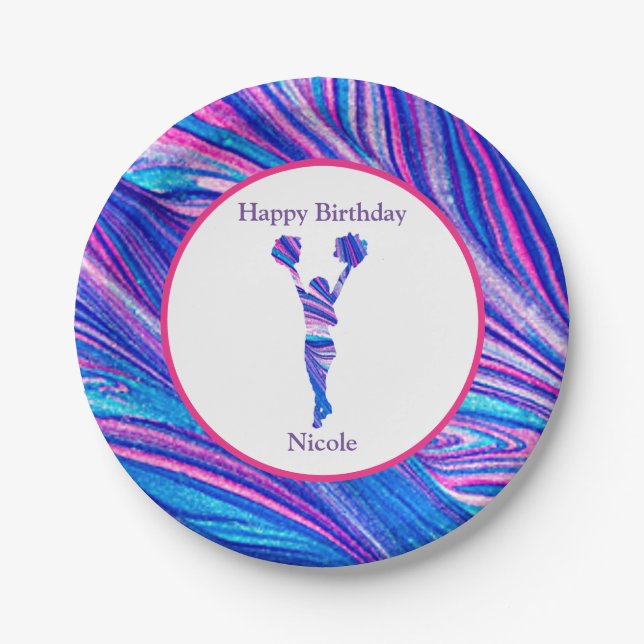 Prato De Papel Cheerhead "Happy Birthday" Cor-de-rosa Azul (Frente)