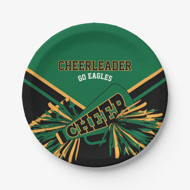 Prato De Papel Cheerleader em verde escuro, Dourado e preto (Frente)