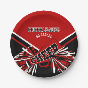 Prato De Papel Cheerleader em vermelho escuro, branco e preto