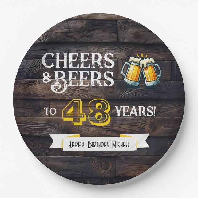 Prato De Papel Cheers and Beers to 48 Years Rustic Birthday (Frente)