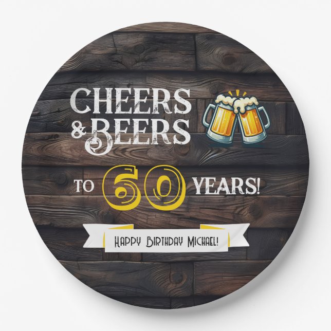 Prato De Papel Cheers and Beers to 60 Years Rustic Birthday (Frente)