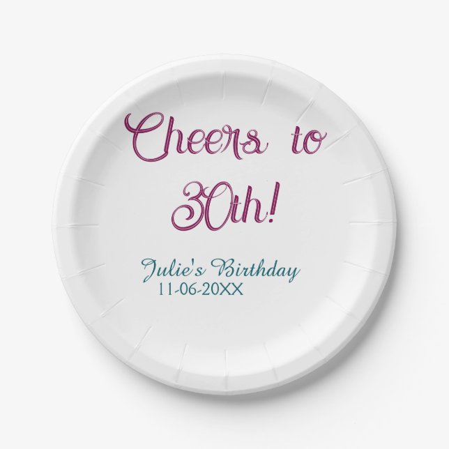 Prato De Papel Cheers to 30th birthday name date mauve blue elega (Frente)