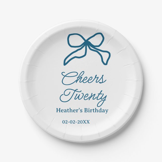Prato De Papel Cheers twenty blue birthday bow name date boho ret (Frente)