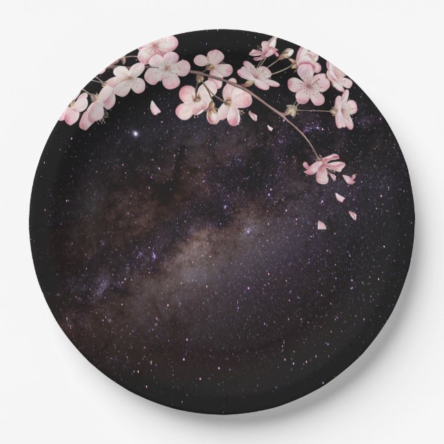 Prato De Papel Cherry Blossom sob o Noivado Starry Nightsky (Frente)