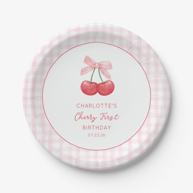 Prato De Papel Cherry First Birthday Pink Gingham Girls One Year  (Frente)