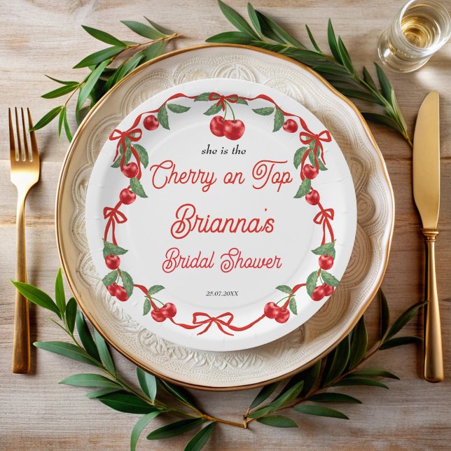 Prato De Papel Cherry no chá de panela de fita superior (Cherry on top ribbon coquette berry summer bridal shower personalized paper plates)