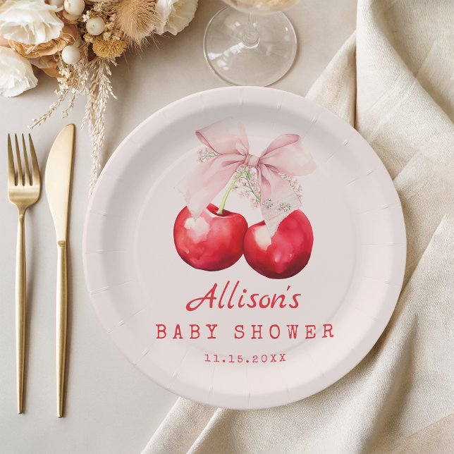 Prato De Papel Cherry no topo Chá de fraldas Girl Red and Pink (Cherry on top Baby Shower Girl Red and Pink paper plate)