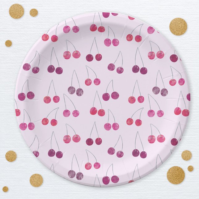Prato De Papel Cherry Pink Watercolor (Watercolor cherry pink pattern party paper plate)