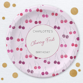 Prato De Papel Cherry Primeiro Aniversário Personalizado Aquarela