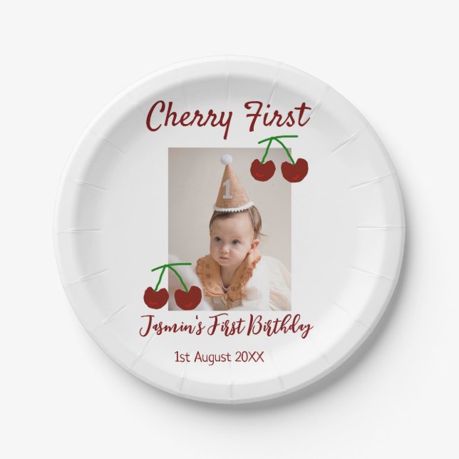 Prato De Papel Cherry Primeiro feliz foto de aniversário crianças (Frente)
