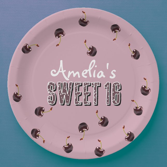 Prato De Papel Cherry Sweet 16 Partido Personalizado (Criador carregado)