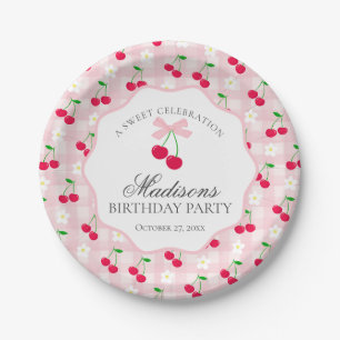 Prato De Papel Cherry Sweet Pink Coquette Arco Gingham Birthday