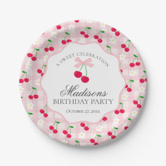 Prato De Papel Cherry Sweet Pink Coquette Arco Gingham Birthday