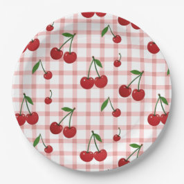 Prato De Papel Cherry Themed Paper Plate Set with Pink Checkered