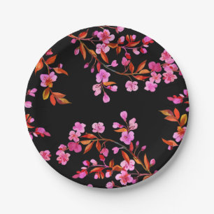Prato De Papel Chersom Sakura Floral Rosa Preto