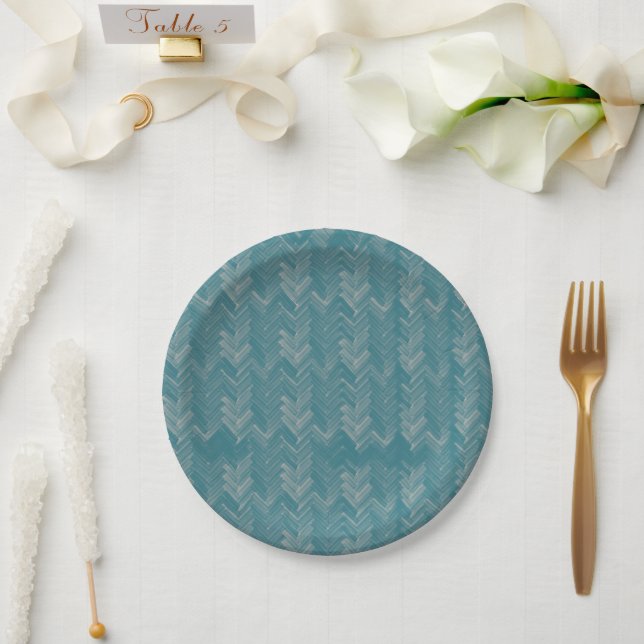 Prato De Papel Chevron, Herringbone Pattere, Turquesa (Casamento)