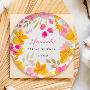 Prato De Papel Chic amarelo rosa floral aquarela noivado bem-vind