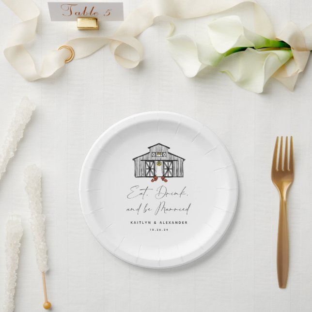 Prato De Papel Chic Barn Coma Bebida e se case (Casamento)
