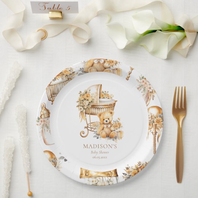 Prato De Papel Chic Beige e Dourado Bassinet Personalizado (Casamento)