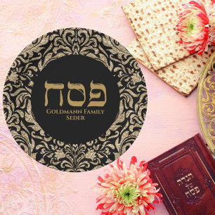 Prato De Papel Chic Black and Dourado Hebraico Pesach Passover