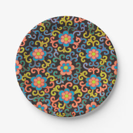 Prato De Papel Chic Black Pattern with Colorful Floral 