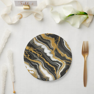 Prato De Papel Chic Black White Marble Dourado Casamento Glam