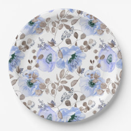 Prato De Papel Chic Blue Watercolor Flowers Paper Plates