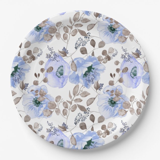 Prato De Papel Chic Blue Watercolor Flowers Paper Plates (Frente)
